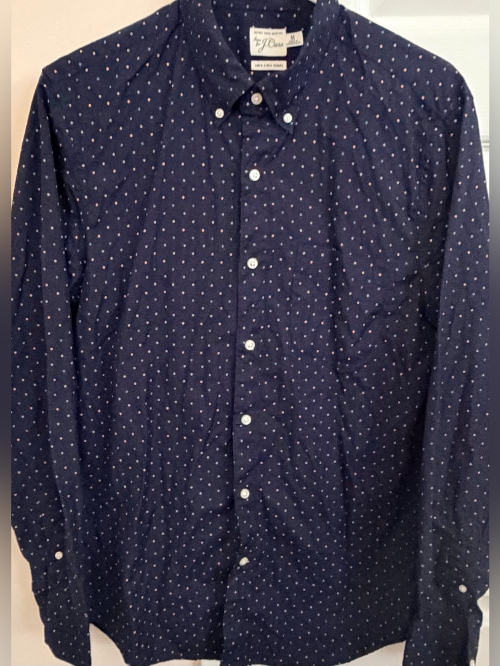 J. Crew Slim Navy Shirt with Blue and Pink Polka Dots